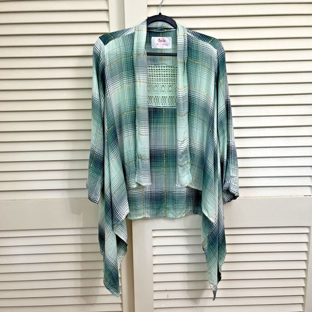 Justice Girls 18 Teal Plaid Waterfall Cardigan Open Front Draped Sweater